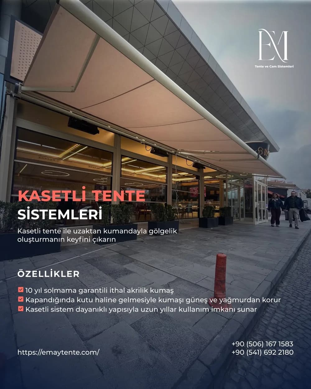 Kasetli Tente bilgi kartı. Aynı özellikler Kasetli Tente sayfasında yazılı olarak da var.