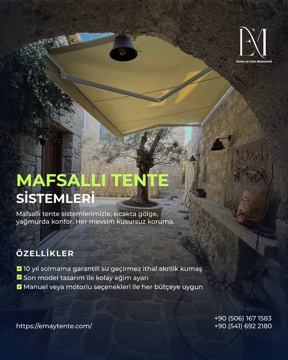 Mafsallı Tente bilgi kartı. Aynı özellikler Mafsallı Tente sayfasında yazılı olarak da var.